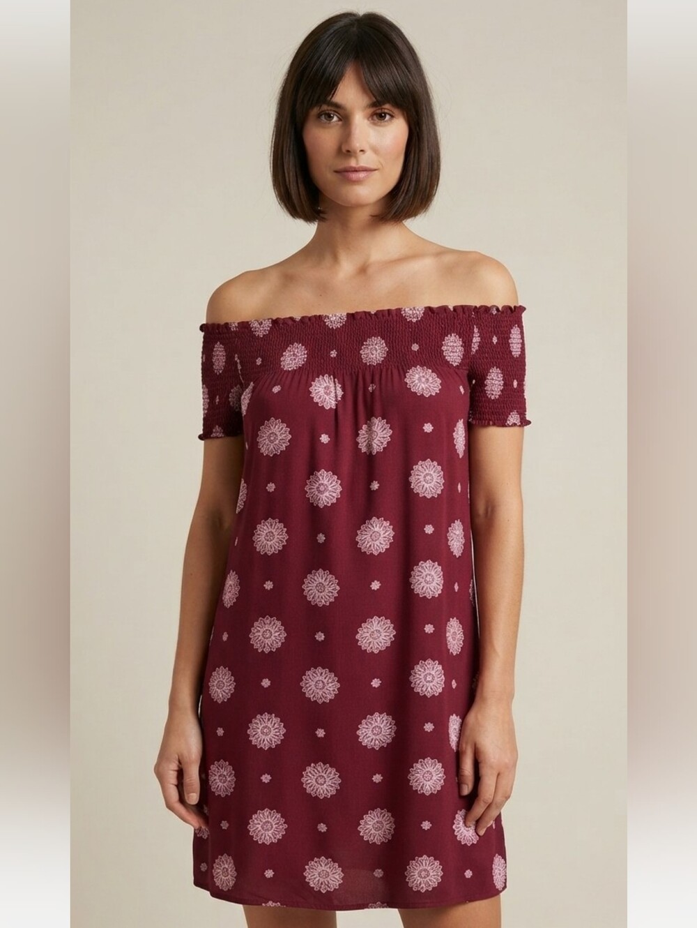 Tag Off-the-Shoulder Smocked Boho Dress - Burgundy Mini Dress, Size Xl
